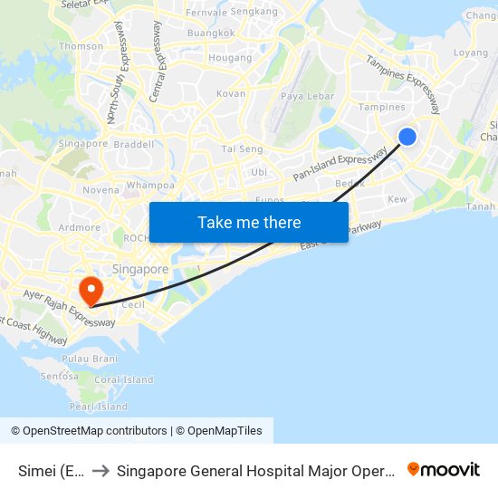 Simei (EW3) to Singapore General Hospital Major Operating Theatre map