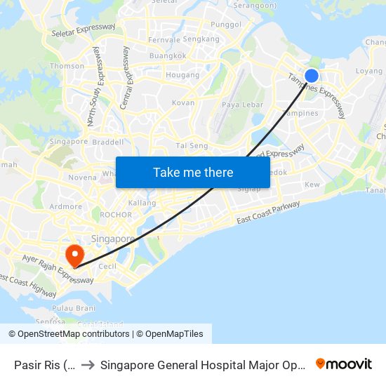 Pasir Ris (EW1) to Singapore General Hospital Major Operating Theatre map