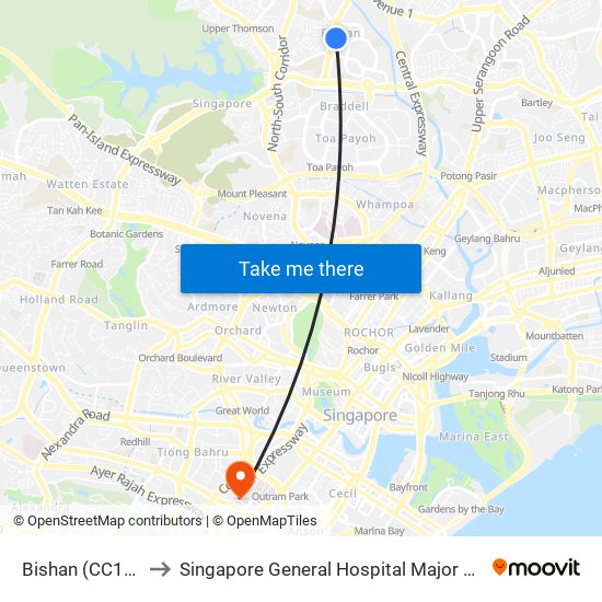 Bishan (CC15|NS17) to Singapore General Hospital Major Operating Theatre map