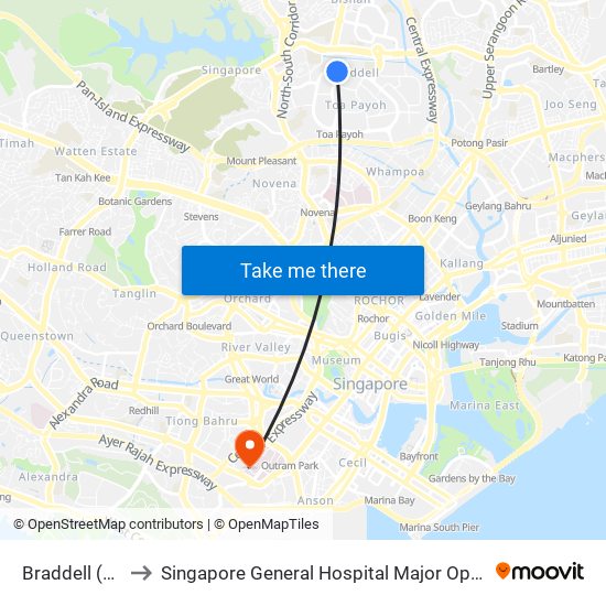 Braddell (NS18) to Singapore General Hospital Major Operating Theatre map