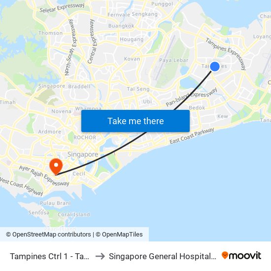 Tampines Ctrl 1 - Tampines Int (75009) to Singapore General Hospital Major Operating Theatre map