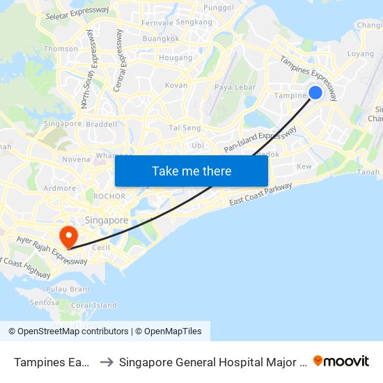 Tampines East (DT33) to Singapore General Hospital Major Operating Theatre map