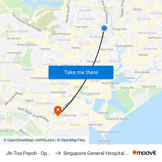 Jln Toa Payoh - Opp Blk 195 (52089) to Singapore General Hospital Major Operating Theatre map