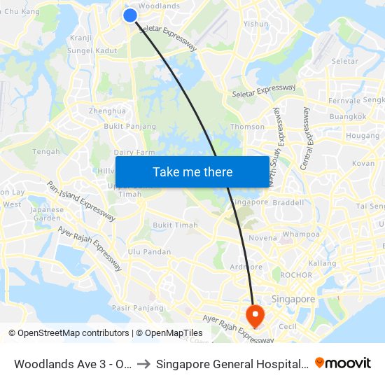 Woodlands Ave 3 - Opp Blk 402 (46499) to Singapore General Hospital Major Operating Theatre map