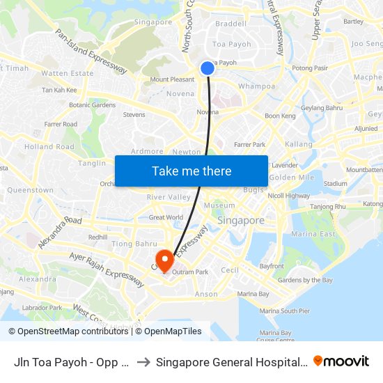 Jln Toa Payoh - Opp Trellis Twrs (52079) to Singapore General Hospital Major Operating Theatre map