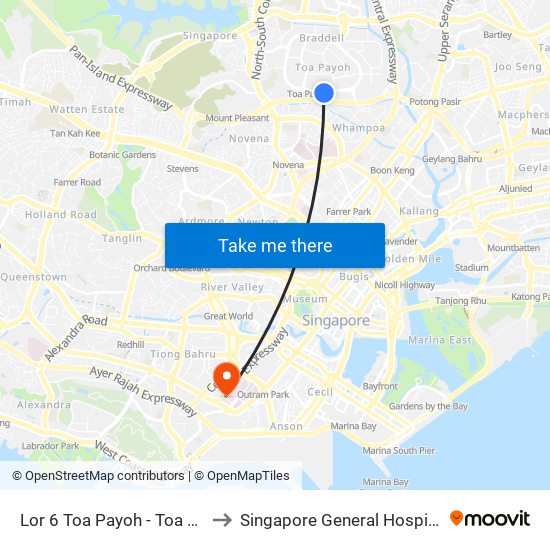 Lor 6 Toa Payoh - Toa Payoh Swim Cplx (52501) to Singapore General Hospital Major Operating Theatre map