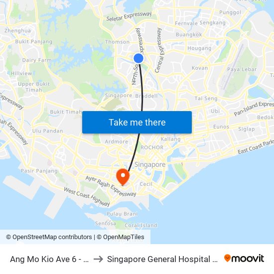 Ang Mo Kio Ave 6 - Blk 307a (54019) to Singapore General Hospital Major Operating Theatre map