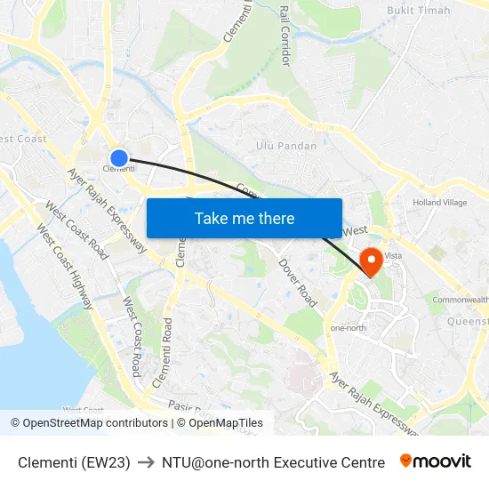 Clementi (EW23) to NTU@one-north Executive Centre map