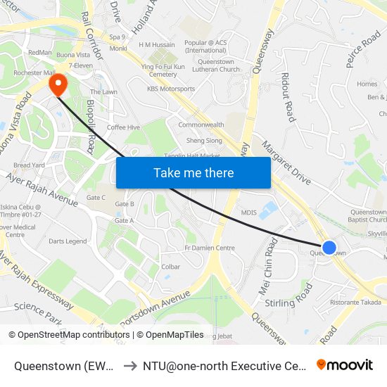 Queenstown (EW19) to NTU@one-north Executive Centre map