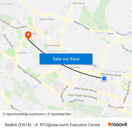 Redhill (EW18) to NTU@one-north Executive Centre map