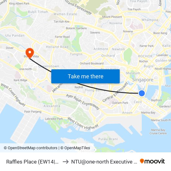 Raffles Place (EW14|NS26) to NTU@one-north Executive Centre map