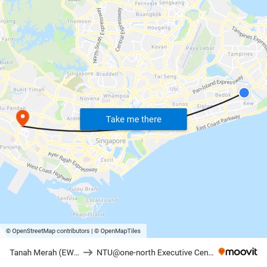 Tanah Merah (EW4) to NTU@one-north Executive Centre map