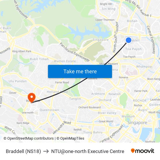 Braddell (NS18) to NTU@one-north Executive Centre map