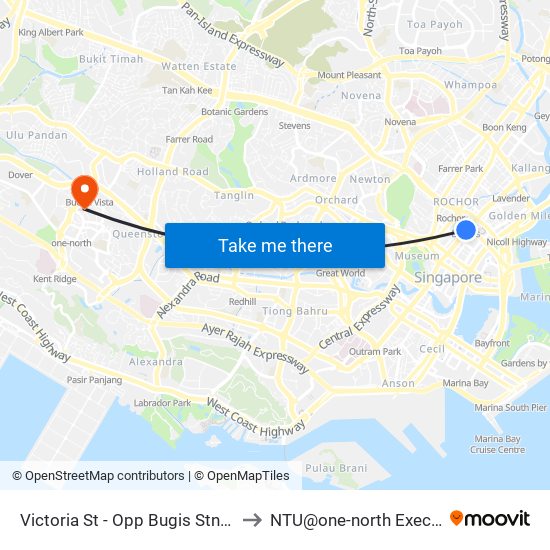 Victoria St - Opp Bugis Stn Exit C (01112) to NTU@one-north Executive Centre map
