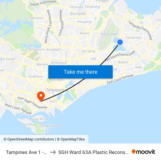 Tampines Ave 1 - Tropica Condo (75259) to SGH Ward 63A Plastic Reconstructive Aesthetic Surgery/ Eye Surgery map