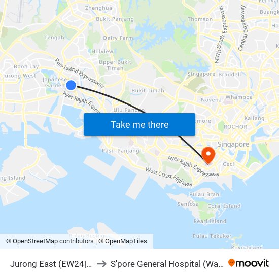 Jurong East (EW24|NS1) to S'pore General Hospital (Ward 63) map