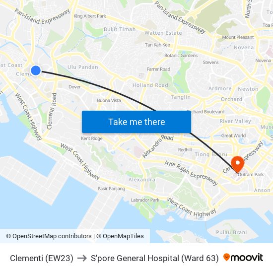 Clementi (EW23) to S'pore General Hospital (Ward 63) map