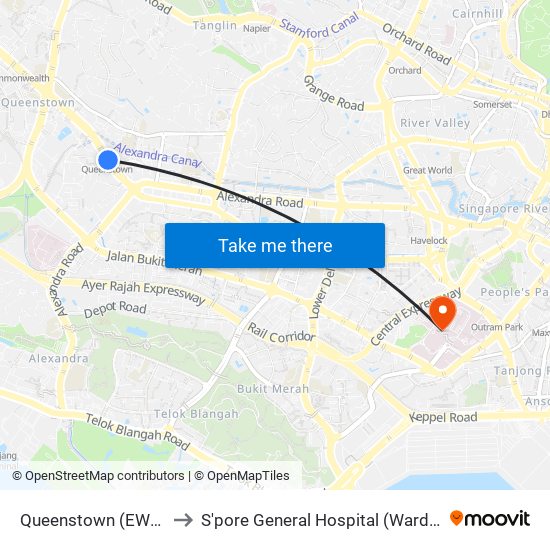 Queenstown (EW19) to S'pore General Hospital (Ward 63) map