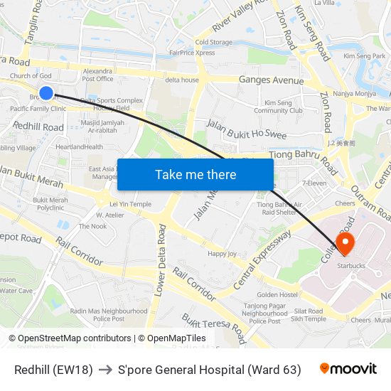 Redhill (EW18) to S'pore General Hospital (Ward 63) map