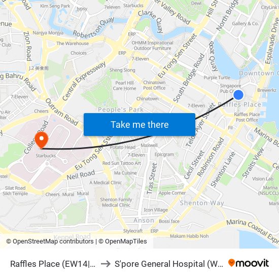 Raffles Place (EW14|NS26) to S'pore General Hospital (Ward 63) map