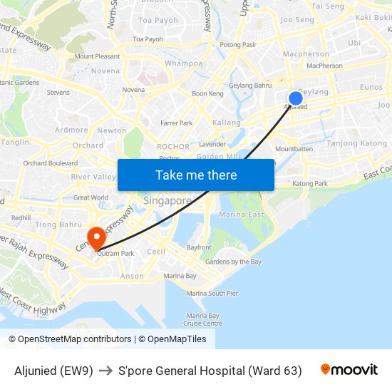 Aljunied (EW9) to S'pore General Hospital (Ward 63) map