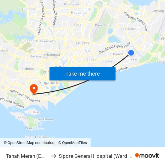 Tanah Merah (EW4) to S'pore General Hospital (Ward 63) map