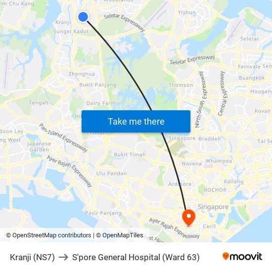 Kranji (NS7) to S'pore General Hospital (Ward 63) map