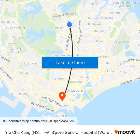 Yio Chu Kang (NS15) to S'pore General Hospital (Ward 63) map