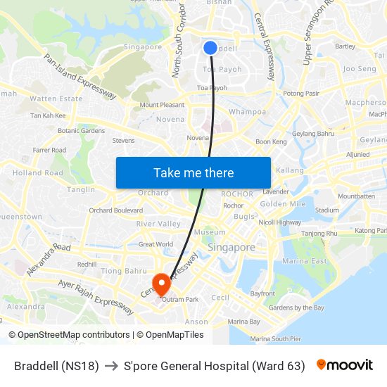 Braddell (NS18) to S'pore General Hospital (Ward 63) map