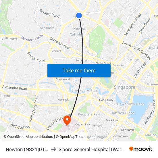 Newton (NS21|DT11) to S'pore General Hospital (Ward 63) map