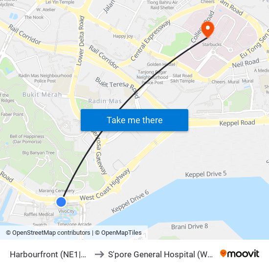 Harbourfront (NE1|CC29) to S'pore General Hospital (Ward 63) map