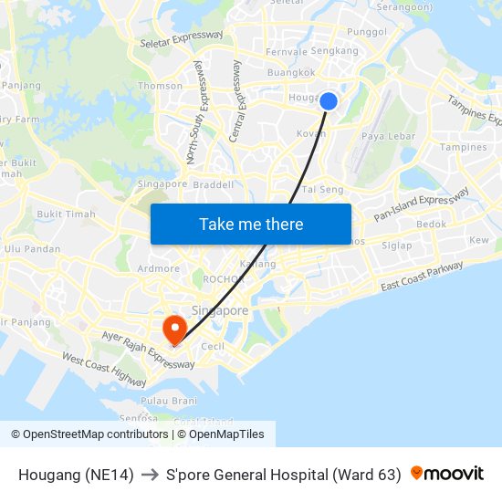 Hougang (NE14) to S'pore General Hospital (Ward 63) map