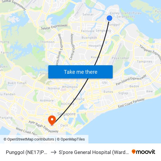 Punggol (NE17|PTC) to S'pore General Hospital (Ward 63) map