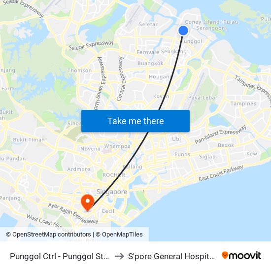 Punggol Ctrl - Punggol Stn/Int (65259) to S'pore General Hospital (Ward 63) map