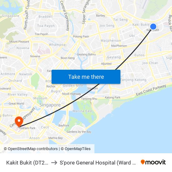 Kakit Bukit (DT28) to S'pore General Hospital (Ward 63) map