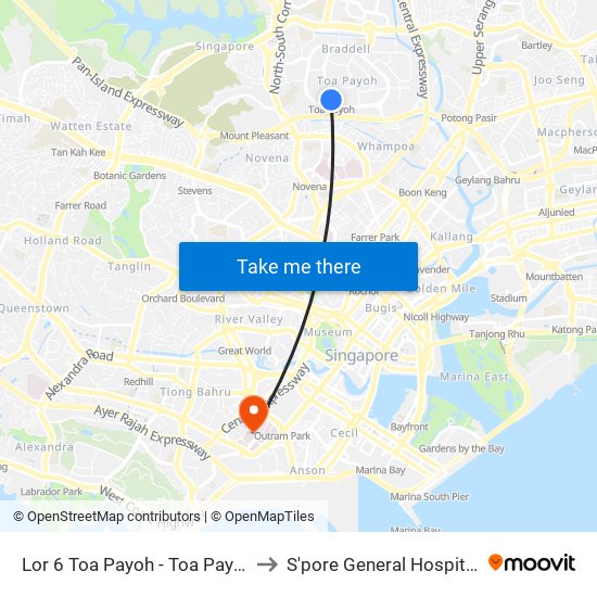 Lor 6 Toa Payoh - Toa Payoh Int (52009) to S'pore General Hospital (Ward 63) map