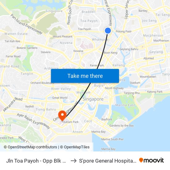 Jln Toa Payoh - Opp Blk 195 (52089) to S'pore General Hospital (Ward 63) map