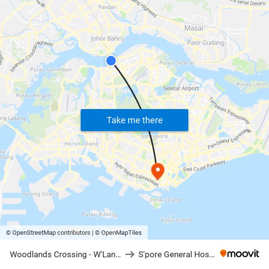 Woodlands Crossing - W'Lands Checkpt (46109) to S'pore General Hospital (Ward 63) map