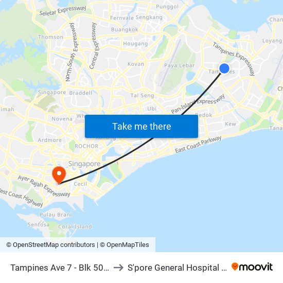 Tampines Ave 7 - Blk 503 (76199) to S'pore General Hospital (Ward 63) map