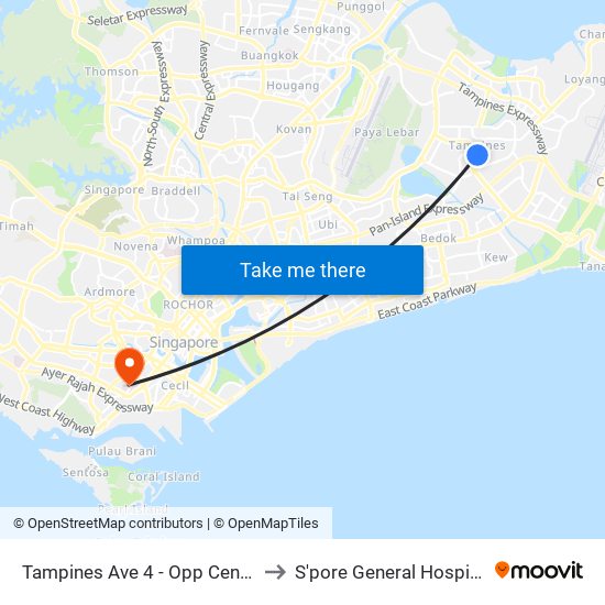 Tampines Ave 4 - Opp Century Sq (76139) to S'pore General Hospital (Ward 63) map