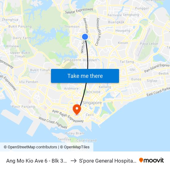 Ang Mo Kio Ave 6 - Blk 307a (54019) to S'pore General Hospital (Ward 63) map