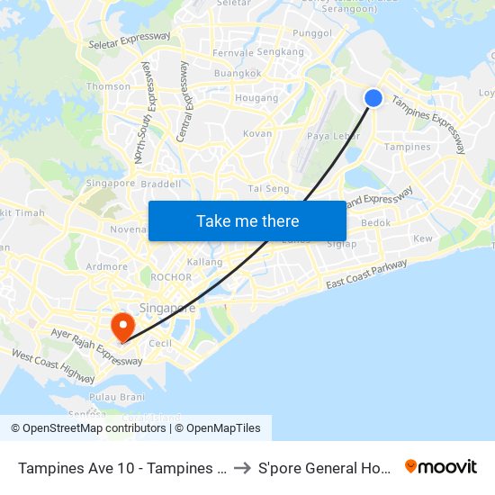 Tampines Ave 10 - Tampines Wafer Fab Pk (75351) to S'pore General Hospital (Ward 63) map