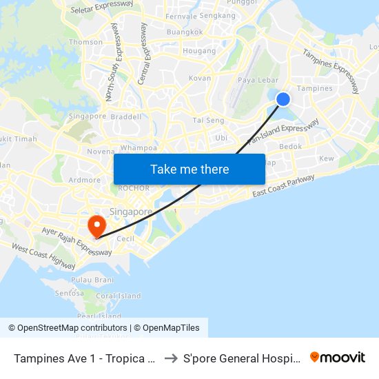 Tampines Ave 1 - Tropica Condo (75259) to S'pore General Hospital (Ward 63) map