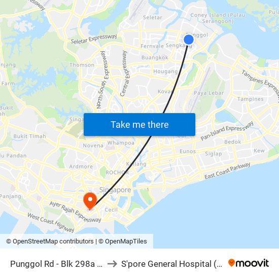 Punggol Rd - Blk 298a (65061) to S'pore General Hospital (Ward 63) map