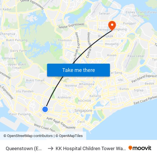 Queenstown (EW19) to KK Hospital Children Tower Ward 85 map