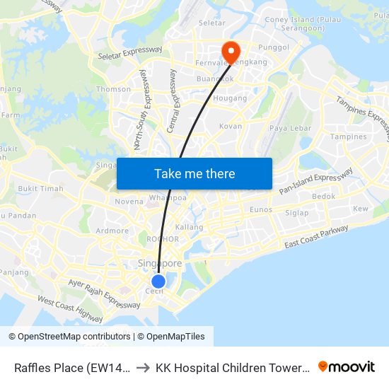 Raffles Place (EW14|NS26) to KK Hospital Children Tower Ward 85 map