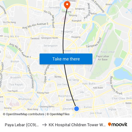 Paya Lebar (CC9|EW8) to KK Hospital Children Tower Ward 85 map