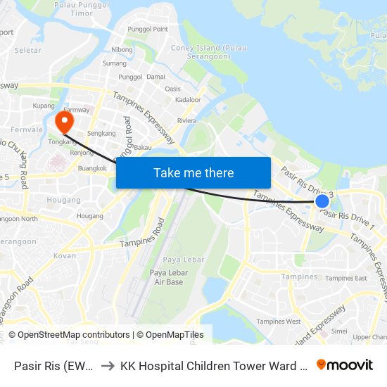 Pasir Ris (EW1) to KK Hospital Children Tower Ward 85 map