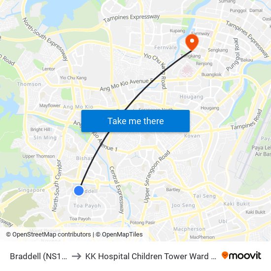 Braddell (NS18) to KK Hospital Children Tower Ward 85 map