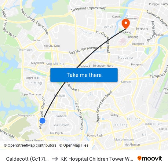 Caldecott (Cc17|Te9) to KK Hospital Children Tower Ward 85 map